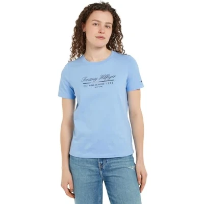 Abbildung von Tommy Hilfiger Damen T Shirt Kurzarm Script Graphic aus Baumwolle, Blau (Vessel Blue), XL