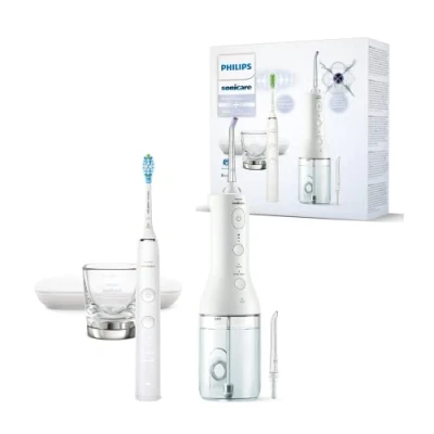Abbildung von Philips Sonicare kabellose Power Flosser Munddusche und DiamondClean 9000 elektrische Zahnbürste Saubere Zähne, sauberes Zahnfleisch Plaque Entfernung, weiß (Modell HX3866/41)