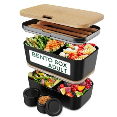 Abbildung von Umami Premium Lunchbox Erwachsene, Verschachtelbar Auslaufsichere Bento Box mit 4 Bestecke &amp; Fächern, Brotdose Erwachsene Salatbehälter To Go Lunch für Picknick, Büro, Schwarzes Wenge, 1500 ml