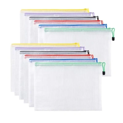 Abbildung von Carehabi 12 Pcs Dokumententasche mit Reißverschluss A4, Wasserdichte Document Case, Datei Zipper Tasche Mesh Kunststoff Reißverschlusstasche für Dokumente, Kosmetika, Reisezubehör