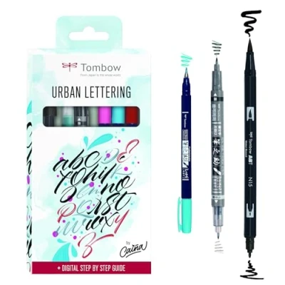 Abbildung von Tombow Urban Lettering Set, Kalligrafie und Handlettering Set mit Fudenosuke Brush Pens ABT Dual Pen inkl. Wassertankpinsel Anleitung von Iván Caiña [LS WSBHS]