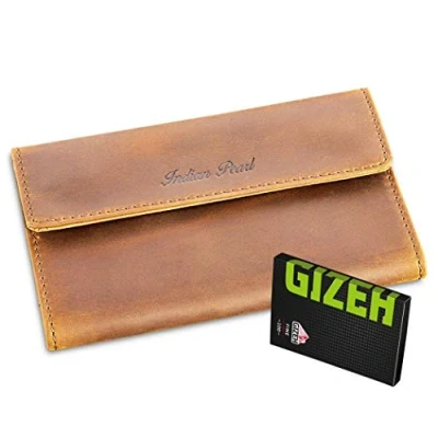 Abbildung von Indian Pearl Echtleder Tabaktasche I gratis GIZEH Doppelpapers Handgemachter Tabakbeutel Drehertasche leder, Tobacco pouch, Drehbeutel, Drehtabak Hellbraun