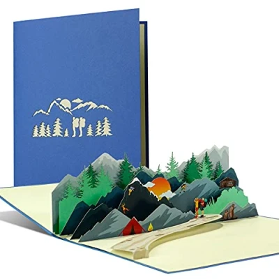 Abbildung von Gutschein zum Wandern I Zelten Klettern, Einladungskarte für Wanderurlaub 3D Pop Up Reisegutschein Bergsteiger und Wanderer, H39AMZ