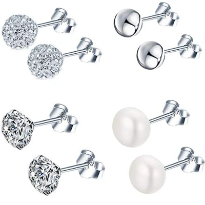 Abbildung von Epoch World 4 Paare Basic Damen Ohrringe 925 Sterling Silber mit Zirkonia Kristall Perlen Ohrstecker Set Kleine Kugel Stecker für Frauen Mädchen