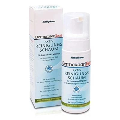 Abbildung von Dermaxaan forte Reinigungsschaum (150ml) bei unreiner Haut Gesichtsreinigung mit Salicylsäure, Aloe Vera &amp; Curcuma Pflege zu Akne, Pickeln Mitessern neigender