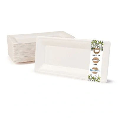 Abbildung von GREENBOX Einweggeschirr Zuckerrohr Einwegteller kompostierbar I 50 Stück Partyteller rechteckig 26 x 13 cm weiß biologisch abbaubare Teller aus für Vorspeisen Häppchen Antipasti Steak