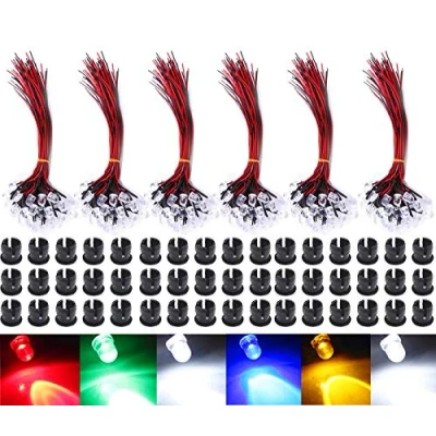Abbildung von GTIWUNG 60Pcs 5mm Leds mit 20cm Kabel, DC 12V Vorverdrahtetes Licht, Vorverdrahtete LED Dioden Licht (Rot, Gelb, GRÜN, Weiß, Warmweiß, Blau, Jeder10Pcs) + Montageringe Plastik