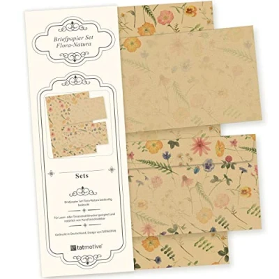 Abbildung von Geschenkmappe Briefpapier mit Umschlag Set FLORA NATURA Vintage Blumen 25 Sets DIN A4 beidseitig floral Natur nachhaltig für Frauen Erwachsene Brief