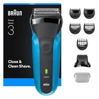 Abbildung von Braun Series 3 Elektrorasierer Herren, Rasierapparat mit Flexiblen Klingen, Barttrimmer Aufsatz, +5 Kammaufsätze, Nass und Trockenrasierer für Männer, 310BT, Blau