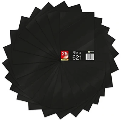 Abbildung von 25 x Din A4 Bögen Plotterfolie 621/631 Selbstklebende Folie im Set Vinyl zum Plotten DIY Bastelfolie Sticker Beschriftung Aufkleber 29,7x21cm (Schwarz glanz, 25er Set)