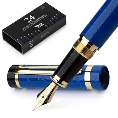 Abbildung von Wordsworth &amp; Black Primori Füllfederhalter Set [Blau Gold]; Feine Feder, Geschenk Etui, 24 Tintenpatronen, Nachfüllkonverter, Anleitung; Tagebuchführung, Kalligrafie, Flüssiges Schreiben