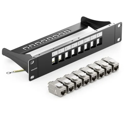 Abbildung von deleyCON 8 Port CAT7 Patchpanel SET Patchfeld Verteilerfeld Modular 1 HE 10&quot; Zoll Rackeinbau + 8x CAT 7 Keystone Module RJ45 LAN Netzwerk 10 Gbit/s 600 MHz Verlegekabel Schwarz