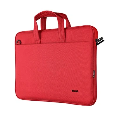 Abbildung von Trust Bologna Slim Laptop Eco Tasche bis 16 Zoll aus Recyceltem Kunststoff, mit Schultergurt, Nachhaltige Umhängetasche für Reisen, Business, Büro, Schule Rot