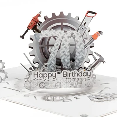 Abbildung von LIMAH® Pop Up 3D Geburtstagskarte zum 70. Geburtstag/Jubiläum für Mann, Opa, Papa passend Gutschein, Geschenk oder Geldgeschenk Motiv Happy Birthday 70 mit Zahnrädern und Werkzeug