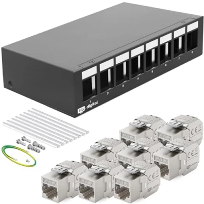 Abbildung von HB DIGITAL 8 Port Patchpanel Patchfeld Verteilerfeld 1 HE 8x CAT 7 RJ45 Keystone Jack Modul vollgeschirmt STP 10 Gbps Kompatibel mit Verlegekabel Netzwerkkabel Ethernet LAN Schwarz