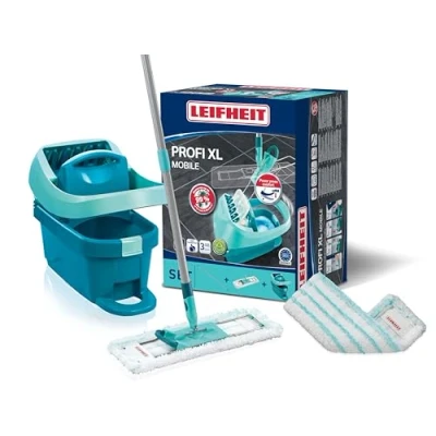 Abbildung von Leifheit Set Wischtuchpresse Profi XL mit Bodenwischer und Rollen inkl. Ersatzbezug micro duo aus Mikrofaser, saugfähig reinigungsstark, zum Putzen ohne Bücken Click System