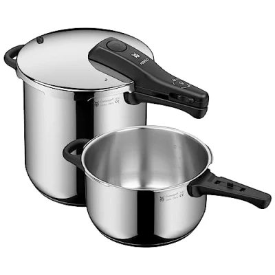 Abbildung von WMF Perfect One Pot Schnellkochtopf Set Induktion 2 teilig, Dampfkochtopf 8,5l + 4,5l mit Einsatz, großes Kochsignal, Kochstufen, abnehmbarer Deckelgriff