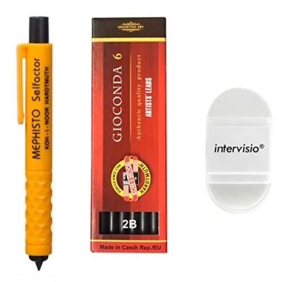 Abbildung von Koh I Noor 5301 Mechanischer Fallminenstift 5,6 mm Kunstoffminenhalter mit Graphitminen Set 4865 2B und intervisio Bleistiftspitzer Radiergummi für Schule, Büro, Schriftsteller, Künstler