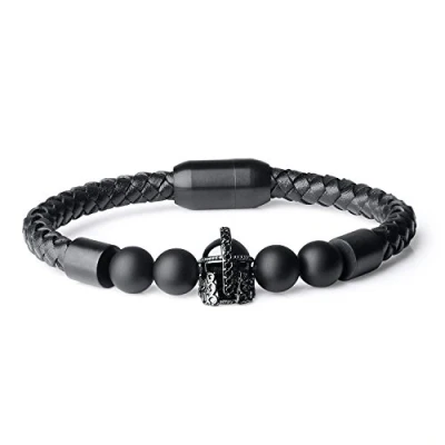Abbildung von COAI Geschenkideen Herrenarmband Echtes Lederarmband Matt Onyx Armband mit Gladiator Sparta Helm Zubehör