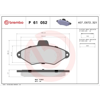 Abbildung von BREMBO P 61 052 Bremsbelagsatz inkl. Verschleißwarnkontakt ohne Zubehör CITROËN: Xantia Hatchback