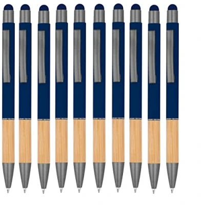 Abbildung von noTrash2003 10 ergonomische Kugelschreiber mit Metallspitze und Bambus Griffzone Touchfunktion Farben Druckkugelschreiber Mehrfarbig blauschreibend (Navy)