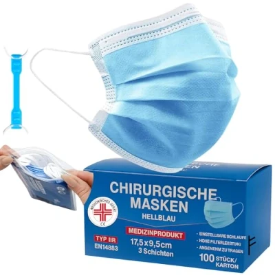 Abbildung von Medizinisch Type IIR Norm EN14683 zertifizierte Mundschutzmasken OP Masken 3 lagig Mundschutz Gesichtsmaske Einwegmaske BFE ≥ 98% surgical mask (100 Einheiten (1 Stück), Blue, 100)