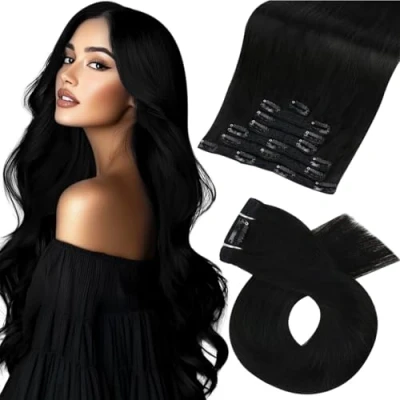 Abbildung von Moresoo Clip in Extensions Echthaar, Salon Qualität Weiches Glattes Haar 55 cm 7 Stück 120g #1B Natürliches Schwarz, Leicht zu Tragen Solide und Langlebig