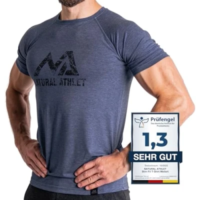 Abbildung von Natural Athlet Slim Fit Fitness Tshirt für Herren Enges &amp; langes schnelltrocknendes Männer Kurzarm Gym T Shirt Sport, Gym, Fitnessstudio, Workout, Bodybuilding und Krafttraining Blau