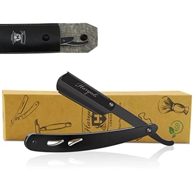 Abbildung von Haryali London Bart Messer Set Barber Rasier Mit Wechselklinge Unser Rasiermesser Herren Und Damen Ledertasche Straight Razor Rostfreier Stahl (Schwarzer)