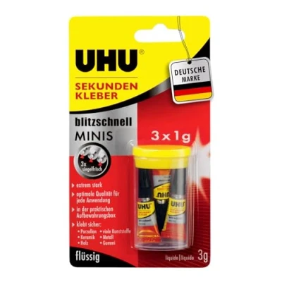 Abbildung von UHU Sekundenkleber blitzschnell MINIS Super schneller und extrem starker Flüssigkleber in praktischen Mini Tuben 3 x 1 g