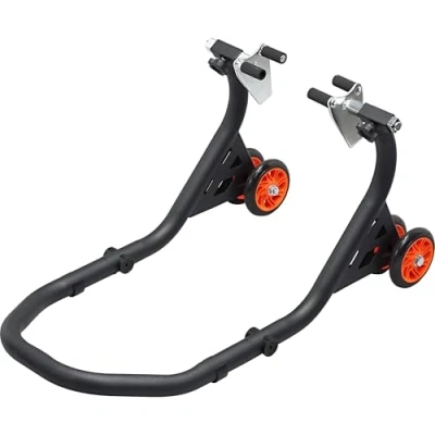 Abbildung von Hi Q Tools Montageständer III für vorne Motorrad Ständer Motorradheber sicheres, einfaches Aufbocken, stabiles Abrollen Schwarz, in der Breite verstellbar