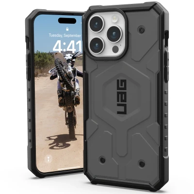 Abbildung von Apple iPhone 15 Pro Max Hülle MagSafe Kunststoff UAG Hard Case/Backcover Handyhülle Silber Shockproof/Stoßfest