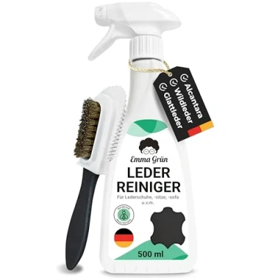 Abbildung von Emma Grün® Lederreiniger Auto &amp; Alcantara Reiniger 500ml [+WILDLEDERBÜRSTE] Lederpflege für Autositze Kunstleder Wildleder Leder Reinigung Schuhe Made in Germany