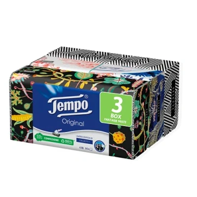 Abbildung von Tempo, Papiertaschentücher Box, 3 Boxen mit 80 Einweg Tüchern, 4 Schleier, Box Limited Edition Firmata Marras, verschiedene Grafiken, recycelbar