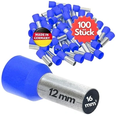 Abbildung von 100 Stück Kalitec AE1612BL Aderendhülsen isoliert 16,0mm² 12mm lang blau I Made in Germany Industriequalität