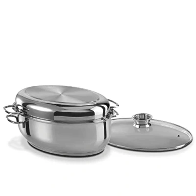 Abbildung von GSW 411318 3in1 Multibräter 3 in 1 hochwertiger 2 Deckeln, ideal zum Schmoren, Dünsten und Braten, auch für Induktion Backofen Edelstahl, rostfrei, 8,5 Liter, 18/8, Glas, 7 liters, Silber