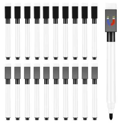 Abbildung von Meetory 20 Stück Whiteboard Marker Magnetisch, 3 in 1 Folienstift Abwischbar Trocken Stift mit Radierer, Schwarz für Schule Zuhause und Spiel (11.3 * 1cm)
