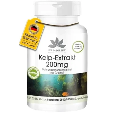 Abbildung von Kelp Extrakt 200mg 250 Tabletten hochdosiert vegan natürliches Jod HERBADIREKT by Warnke Vitalstoffe Deutsche Apothekenqualität