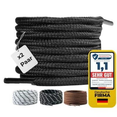 Abbildung von LaceHype 2 Paar Premium Runde Schnürsenkel [ Ø4,5 mm ] Polyester für Arbeitsschuhe, Stiefel, Outdoorschuhe und Sportschuhe reißfeste Schuhbänder (Schwarz, 150cm)