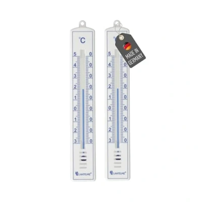 Abbildung von Lantelme 2 Stück Gartenthermometer Set Weiss Temperaturanzeige 30C bis 50C Analog Kunststoff Thermometer 18cm Wetterfest für Außen Innen und Garten Außenthermometer (WS Blau)