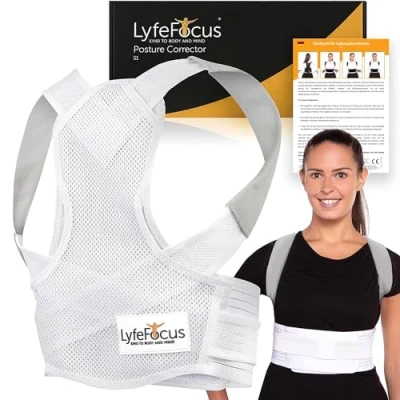 Abbildung von LyfeFocus S1 Atmungsaktiver Premium Rückenstützer Obere Rückenstütze, Rückenbandage und Rückenbegradiger effektive Haltungskorrektur bei Nacken , Schulter Rückenschmerzen (Weiß, Mittel)