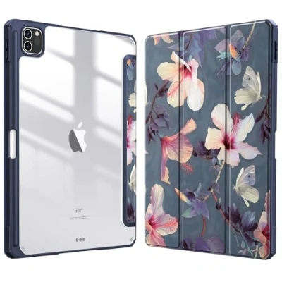 Abbildung von Fintie Hybrid Hülle für iPad Pro 11 2022/2021 (3./4. Generation) mit Stifthalter Stoßfeste Schutzhülle transparenter Hartschale auf der Rückseite 2020/2018, Hibiskus