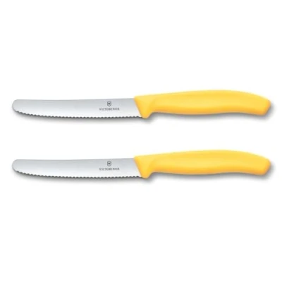 Abbildung von Victorinox Swiss Classic, Frühstücksmesser, Brötchenmesser Set 2teilig, Scharfe Klinge, Wellenschliff, 11 cm, Rostfreier Stahl, Gelb