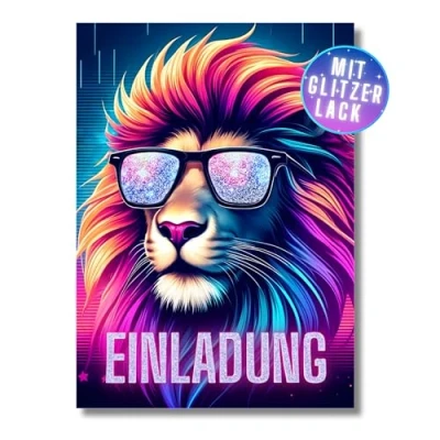 Abbildung von HIDEBLOOM GLITZER Löwe Einladungskarten Kindergeburtstag Mädchen I 12 Stück DIN A6 (10,5 cm x 14,8 cm) Einladung Geburtstag Tiere Geburtstagseinladungen Kinder mit Sonnenbrille