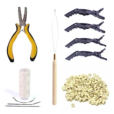 Abbildung von hair2heart Echthaar Tressen Starter Set Zum Anbringen von Haarverlängerungen mit der Weaving oder Microring Methode (blond)