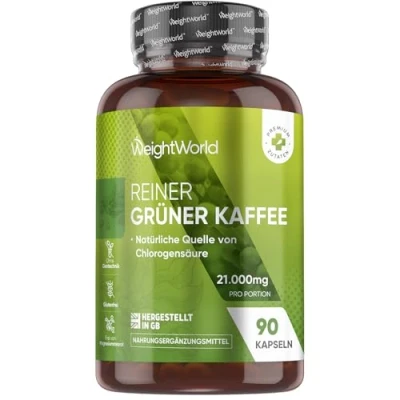 Abbildung von Grüner Kaffee 21.000mg Alternative zu Tee &amp; Koffeintabletten Kaffeebohnen Extrakt 90 Kaffeepulver Kapseln Superfood mit Chlorogensäure Koffein Green Coffee von WeightWorld