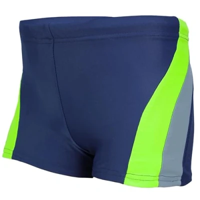 Abbildung von Aquarti Jungen Badehose Schwimmhose Seitliche Paspel Kinder Badeshorts, Farbe: Dunkelblau/Grau/Grün, Größe: 134