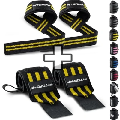Abbildung von Fitgriff® Handgelenk Bandagen + Zughilfen (2er Set) für Krafttraining, Fitness, Bodybuilding, Gewichtheben, Gym, Kraftsport Frauen und Männer (Black/Yellow)