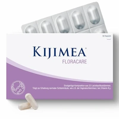 Abbildung von Kijimea FloraCare dem natürlichen Vaginalmikrobiom nachempfunden 33 speziell aufeinander abgestimmte Milchsäurebakterien in besonders hoher Dosierung sowie Vitamin B2, B3, B7 und Zink 56 Stk