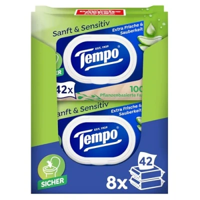 Abbildung von Tempo Feuchte Toilettentücher &#039;&#039;Sanft &amp; Sensitiv&#039;&#039; Megapack 16 Packungen mit je 42 Tüchern Duo Packs natürliche Aloe Vera Toilettenpapier, dermatologisch getestet, pH hautneutral